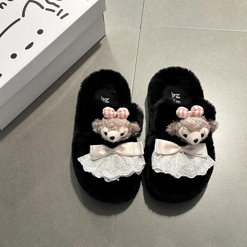 

Осень милый мультяшный медведь пушистые тапочки женская уличная одежда повседневная толстая подошва увеличивающая рост плюшевая плоская подошва тапочки-шлепанцы тренд 35