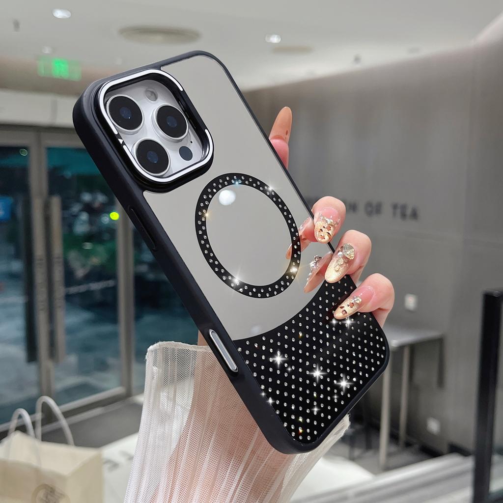 For iPhone 16 Pro Max Magnetic Case Mirror Surface TPU+PC Phone Cover with Lens Frame Kickstand