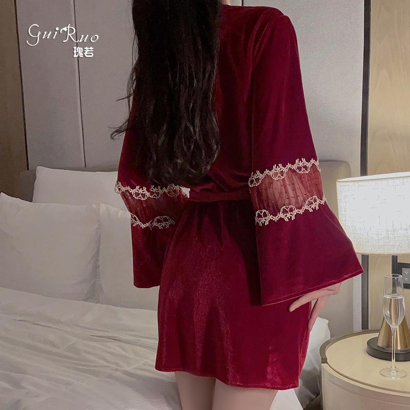 Women's Velvet Mesh Bridal Cami Sleep Dress with Tie Robe Lounge Set