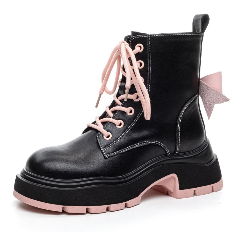 Bow British style platform Martin boots women's 2025 autumn and winter new boots muffin thick heel black short boots women
