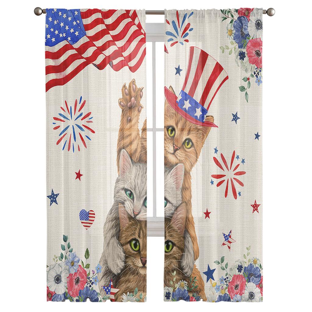 Amerikanische Flagge Mohn Katze Sheer Fenster Vorhänge für Wohnzimmer Küche Kinder Schlafzimmer Voile Hängen Vorhang