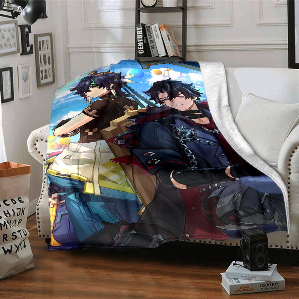 1Pc Genshin Impact Blanket Soft Comfortable Polyester Blanket Four Seasons All Season Blanket Bedroom Office Outdoor Use Anime Style Throw Christmas G