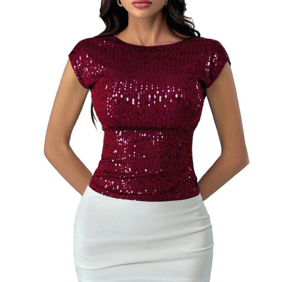 Women T-shirt Round Neck Short Sleeve Sequin Tops Backless Design Slim Fit Sexy Party Tops Daily Wear