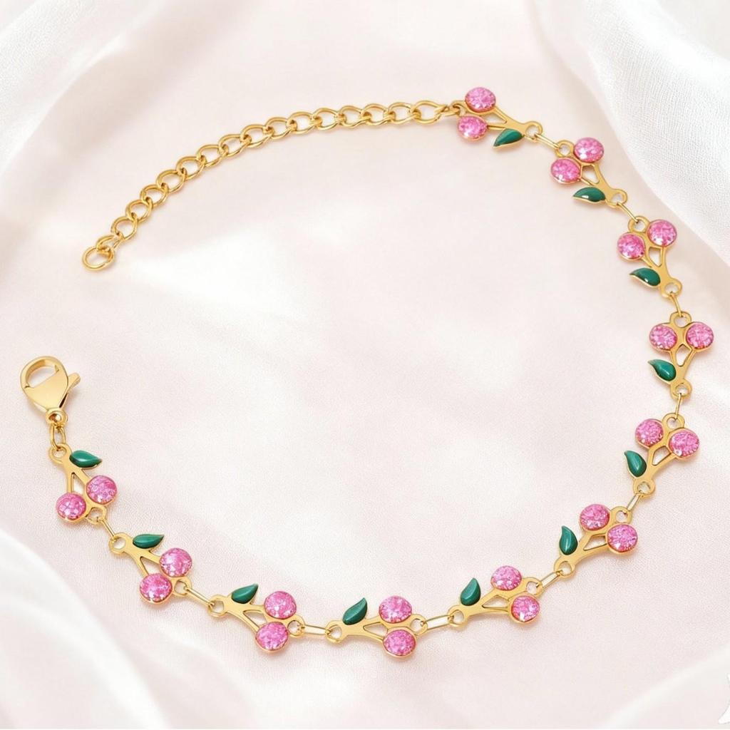 18k Gold Cherry Crystal Bracelet - Exquisite Light Luxury Stainless Steel Women's Jewelry