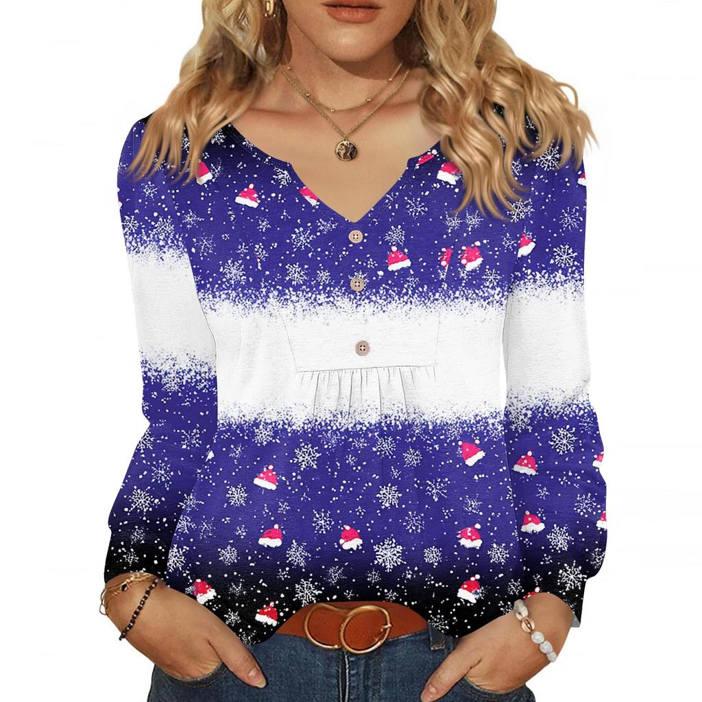 Women's Fashionable Casual V-neck Blouse Button Christmas Printed Long-sleeved Pullover T-shirt Top