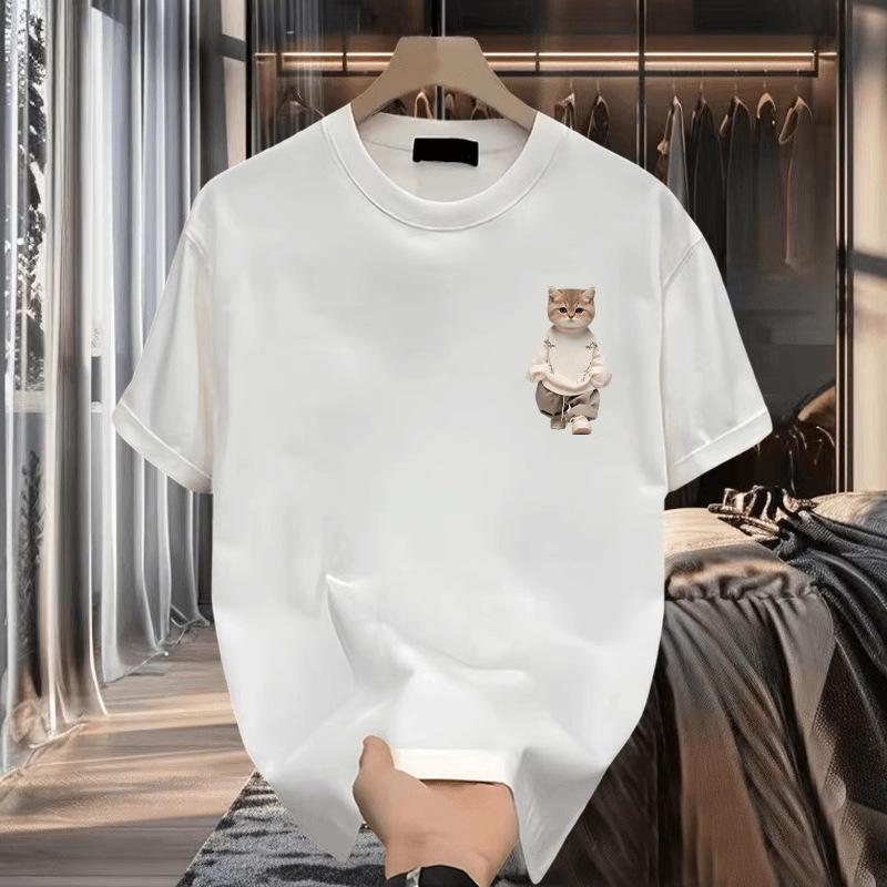 Summer Round Neck Cartoon Cat Pattern Printed Top Fashionable Casual Pure Cotton Short Sleeved Men's T-shirts
