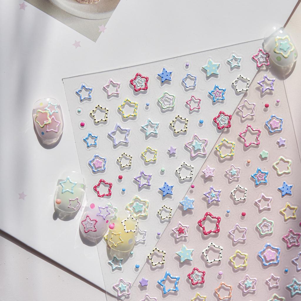5D Candy Nail Decals Macaron Tone Solid Hollow Star Line Polka Dot Gradient Pentagram Self-adhesive Nail Stickers Daily