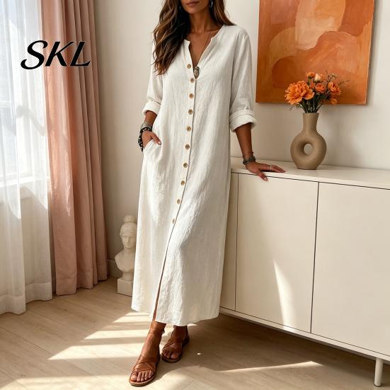 Beach Dress Women Women's Summer Button Down Long Dress, Casual Loose V Retro Style Neck Tunic Roll Up Sleeve Vacation Lounge Outfits Solid Color