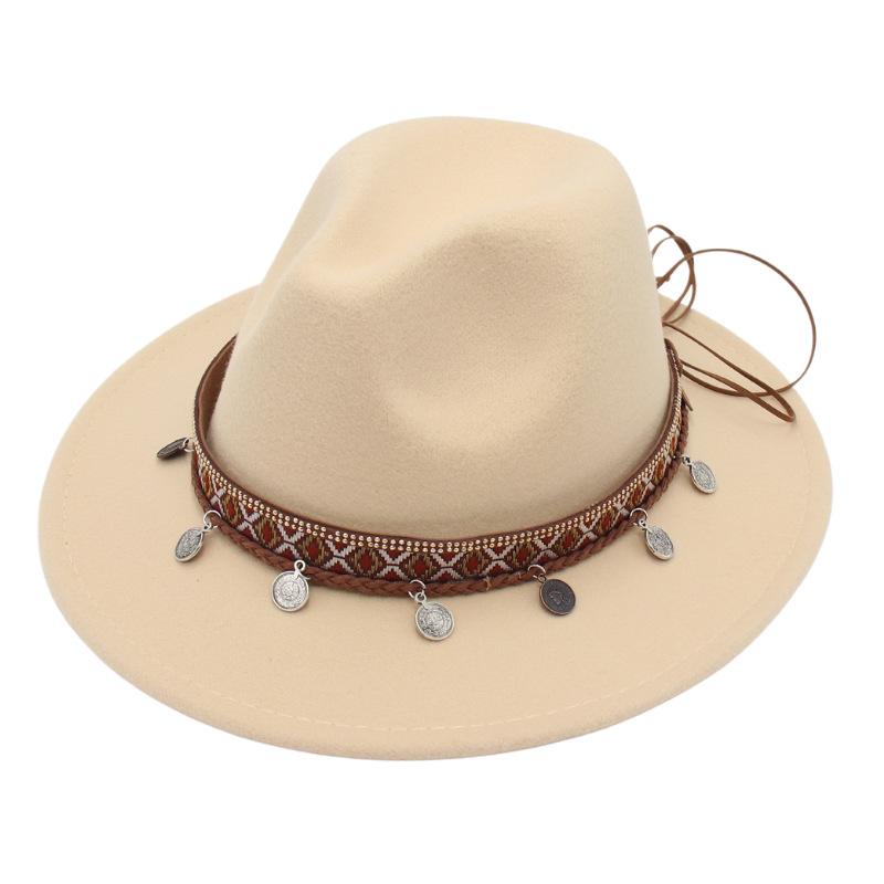 Ethnic Topper Hat Imitation Silver Accessories Felt Hat Jazz Hat Big Brim Stage Performance Hat