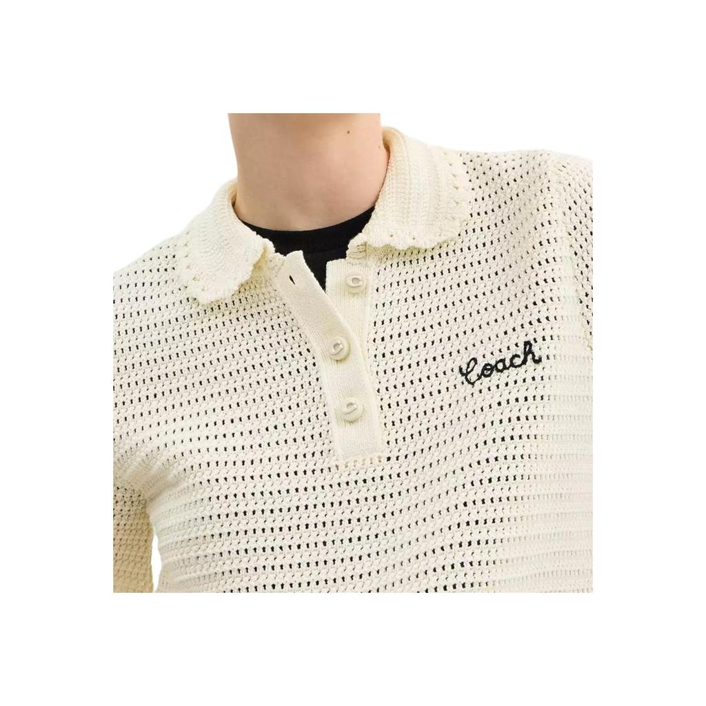 Coach SS25 Sommer Kurz Baumwollstrick Poloshirt Damen Oberteile Beige CAU12-CRM