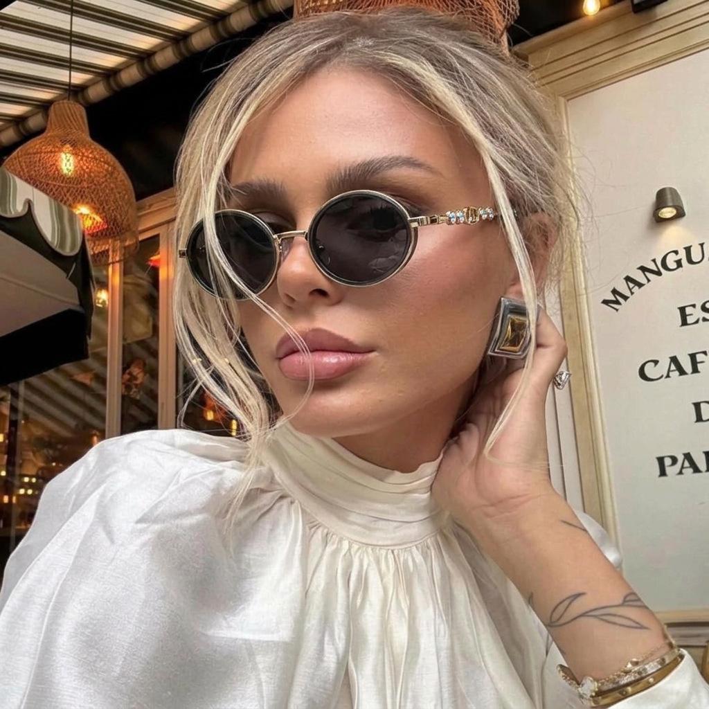 European and American fashion new retro trend sunglasses high-end diamond round sunglasses street shooting versatile personalized glasses