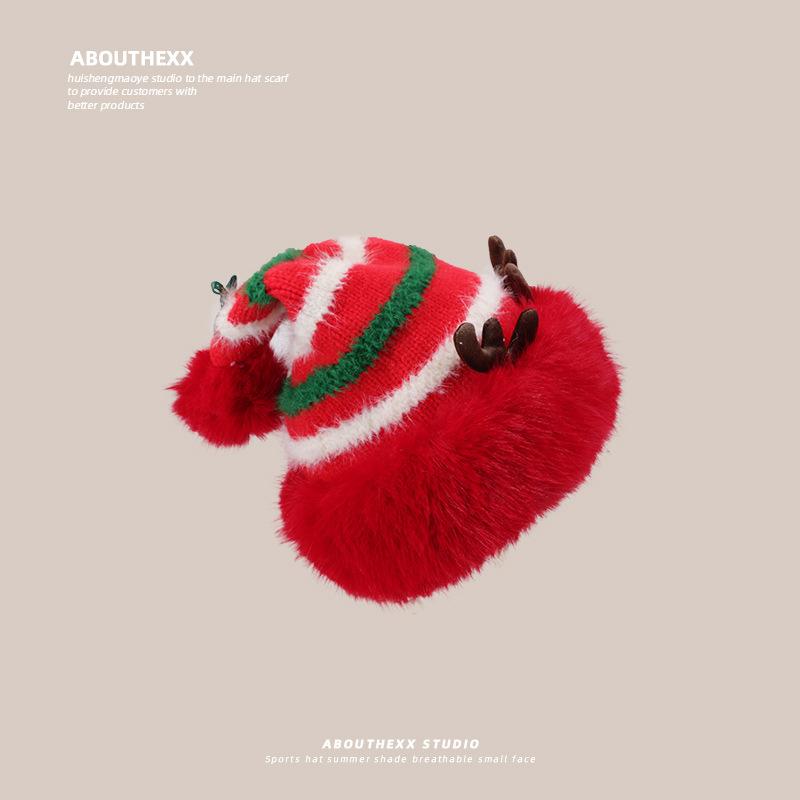 

Christmas Gift Red Plush Cartoon Antler Knitted Hat for Women In Winter Warm Cute Wool Hat Men Pull Out Hat M（56-58cm）