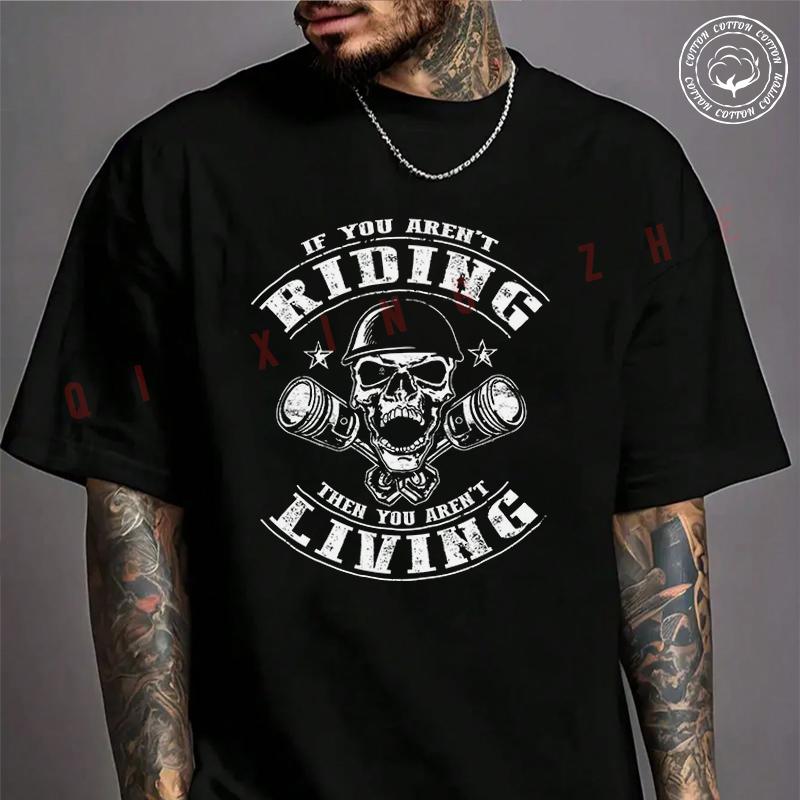 Moto Men's T-shirt Riding Is Living Piston Skull Cotton T Shirt Short Sleeve Exquisite Design E