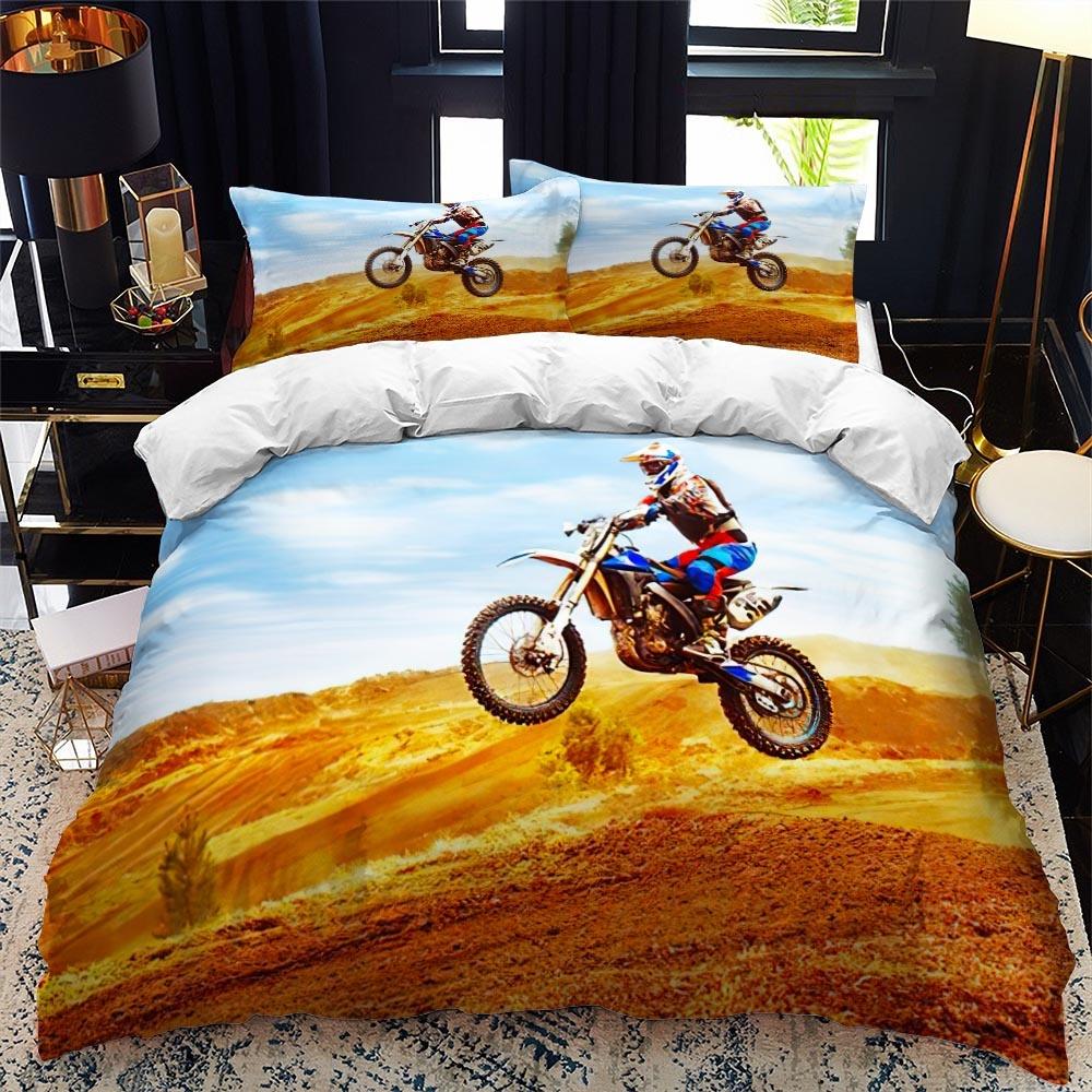 Luxury Bedding Set Motorcycle Fire Print Duvet Cover Set with Pillowcase Motocross Bedspread Boy's Bed Set