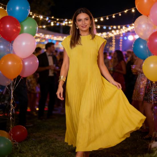 Damen Sommer Ärmelloses Midi-Kleid Lässig Rundhalsausschnitt Plissiert A-Linie Schwingendes Kleid Fließendes Langes Partykleid