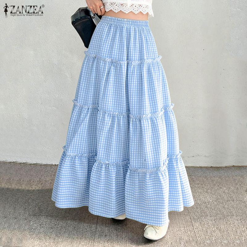 ZANZEA Women Casual Elastic Waist Loose Plaid Print Long Skirts