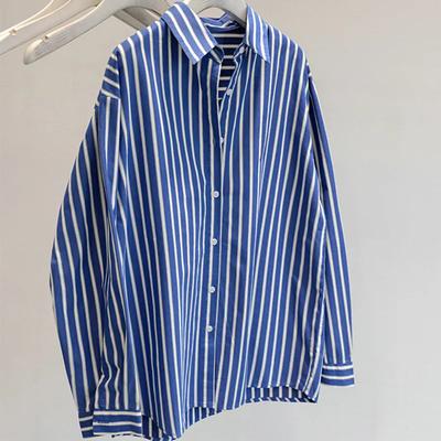 Women's Vertical Stripe Button Down Long Sleeve Loose Casual Shirt