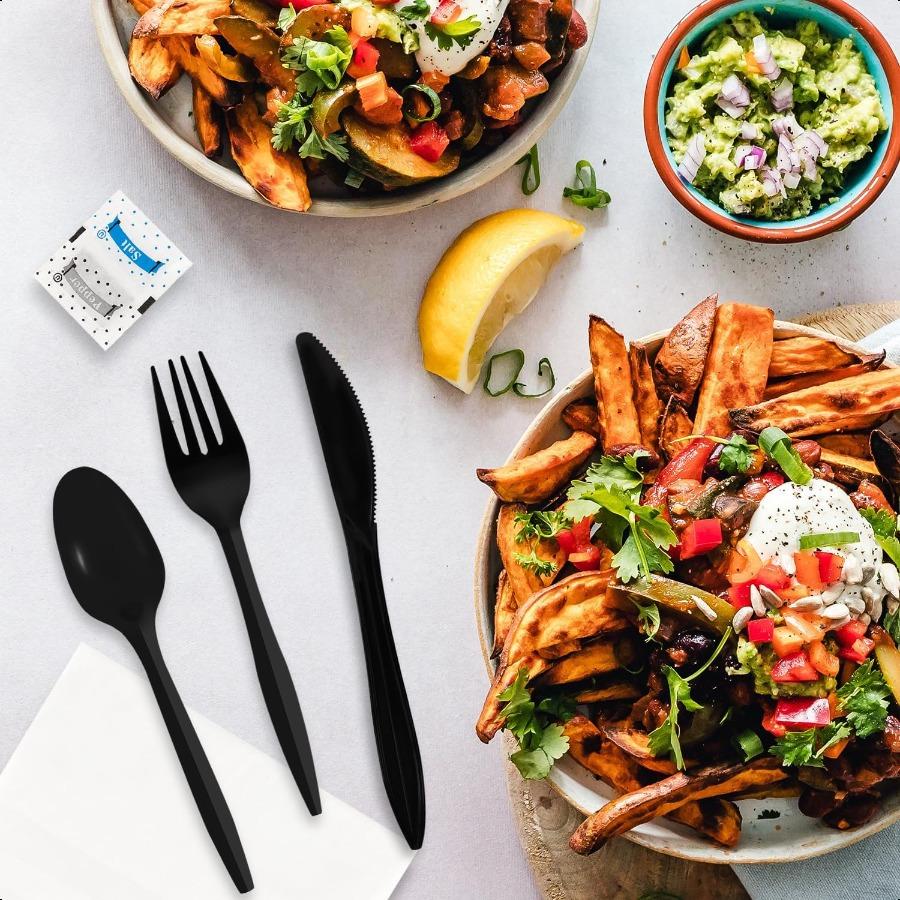 

50 шт. Пластиковые пакеты со столовыми приборами Нож Вилка Ложка Салфетка Наборы Соль Перец в Индивидуальной Упаковке Черные Пластиковые Пакеты со Столовыми Приборами для United States