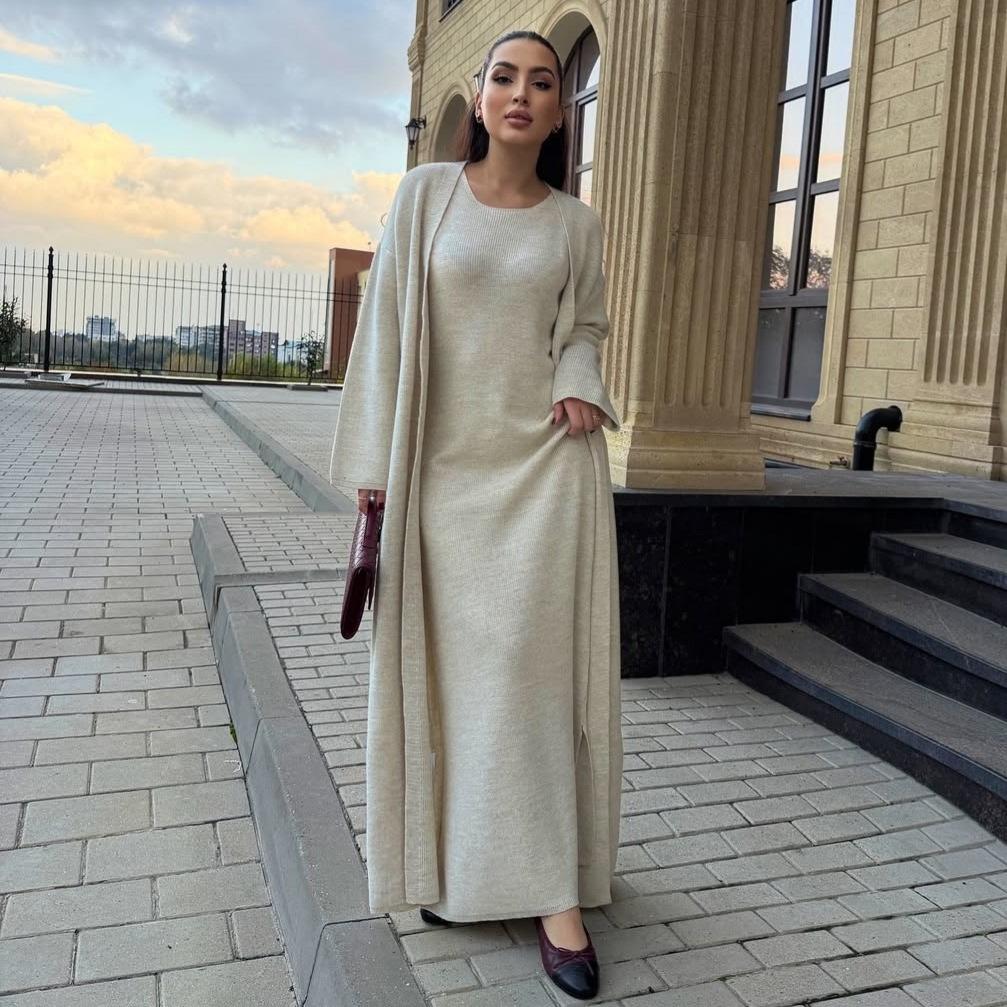 2025 Cross-border European and American Autumn New Temperament Crew Neck Cardigan Jacket Long Sleeve Waist Hip Skirt Women's Clothing