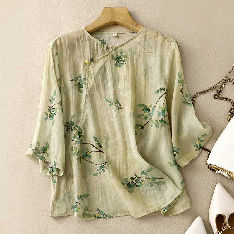 Retro National Style Oblique Placket Cotton and Linen Shirt Women's Literary Printing Thin Shirt Temperament Top