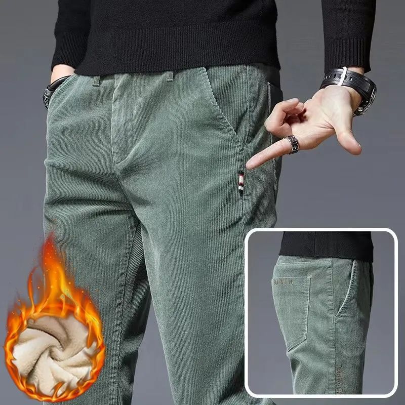 Autumn Winter Men's Corduroy Stretch Casual Slim Straight Velvet Thicken Men's Trousers Youth Pants