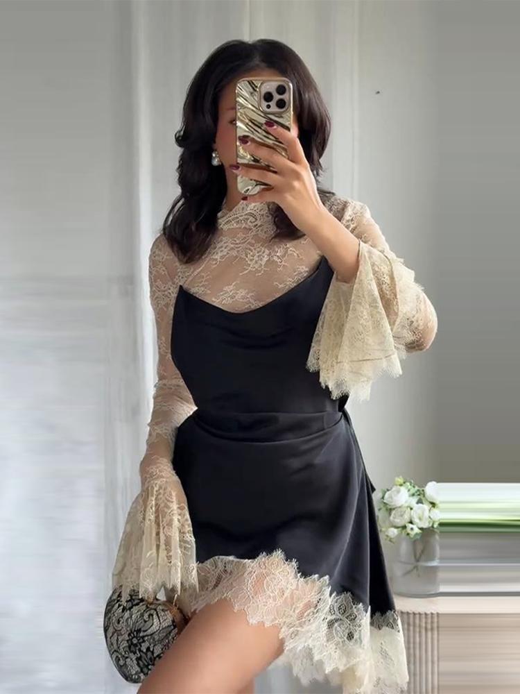 Women's Lace Patchwork Short Dress Ladies' Fashionable Floral Bud Cuff Dress Black 2025 New Collection
