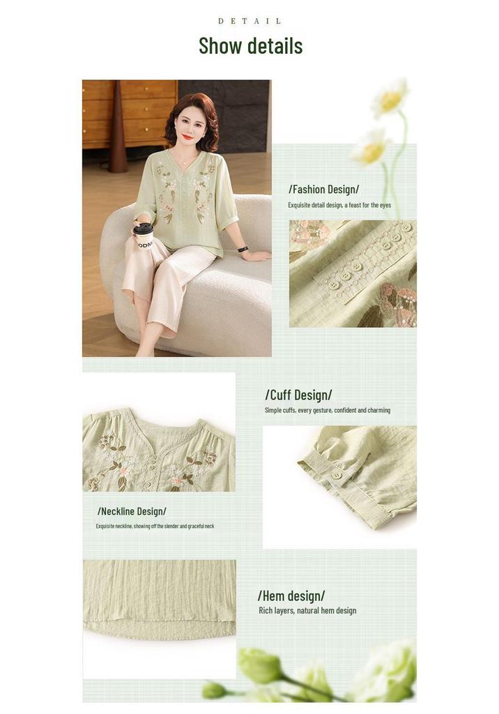 Elegant Summer Cotton Linen Set: Stylish 2026 Short-Sleeved Top for Middle-Aged and Elderly Women's Fashion