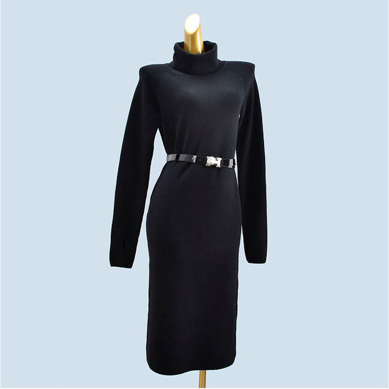 

Свитер с длинными рукавами однотонный, дизайн облегающий пальцы, средней длины, платье длинное, прямого кроя, женская одежда, осенне-зимнее платье-подкладка Black Length 101 Bust Size 88-90 One size