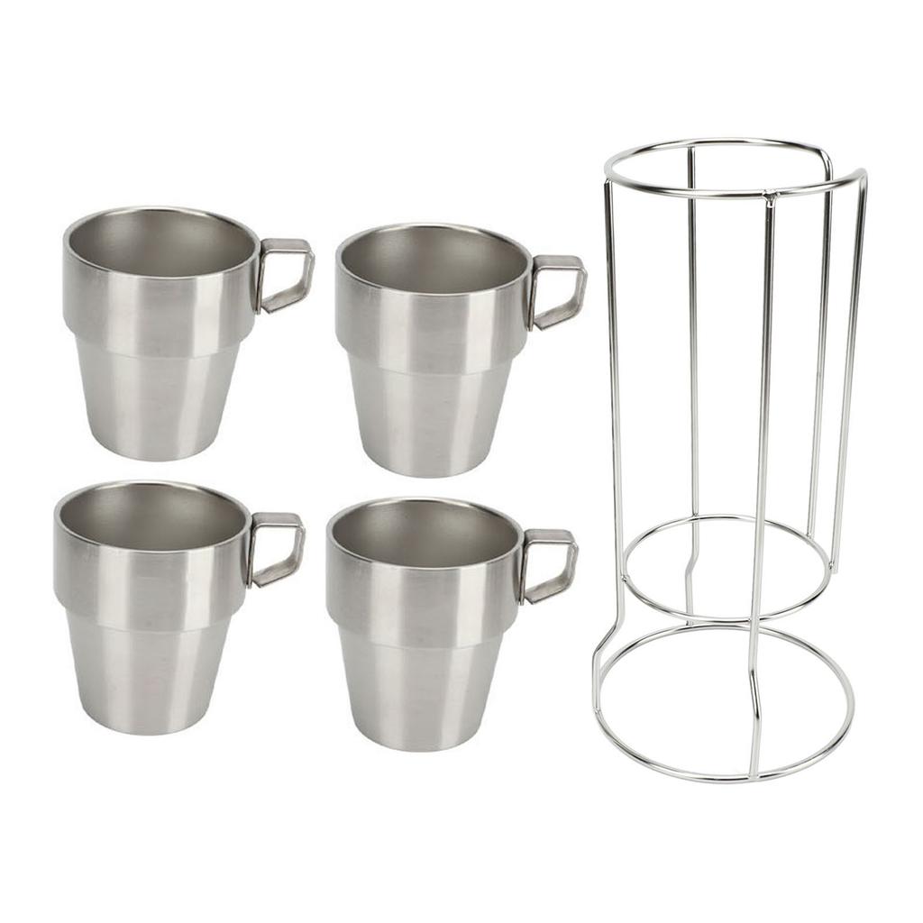 4PCS Camping Double Layer Cups Stainless Steel Food Grade Plastic Spraying Stackable Coffee Cup for Picnic Silver
