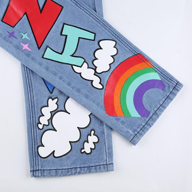 Trendy High-Waisted Loose Fit Printed Graffiti Women's Straight-Leg Jeans, Rainbow Denim Pants Loose Graffiti Printed