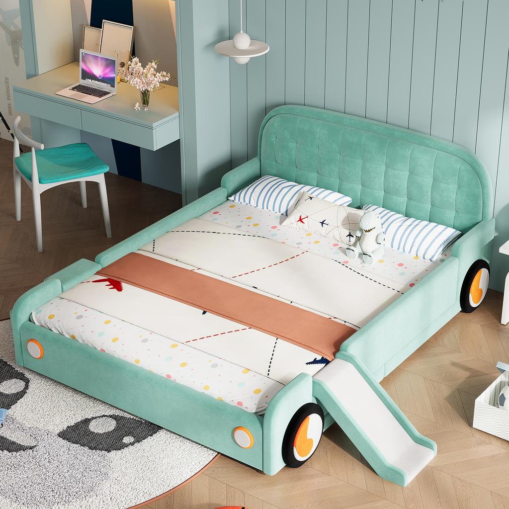 Letto, Letto a Forma di Macchina con Scivolo e Scala, Montabile Sinistra/Destra, Letto Imbottito in Turchese, Letto Gioco con Protezione anticaduta per Cameretta dei Bambini, 140x200 cm