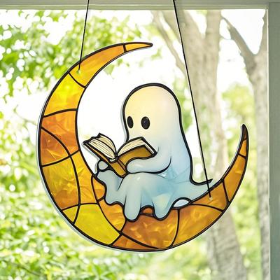 Enfeite de Fantasma Fofo Pendurado Fantasma de Acrílico Lendo na Lua Crescente Decoração Apresentador de Luz Solar Decoração de Janela para Casa e Festa de Halloween