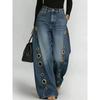 TK Metal Round Hole Casual Loose High Waist Wide Leg Jeans Women's Washed Cat Beard Ground White Jeans