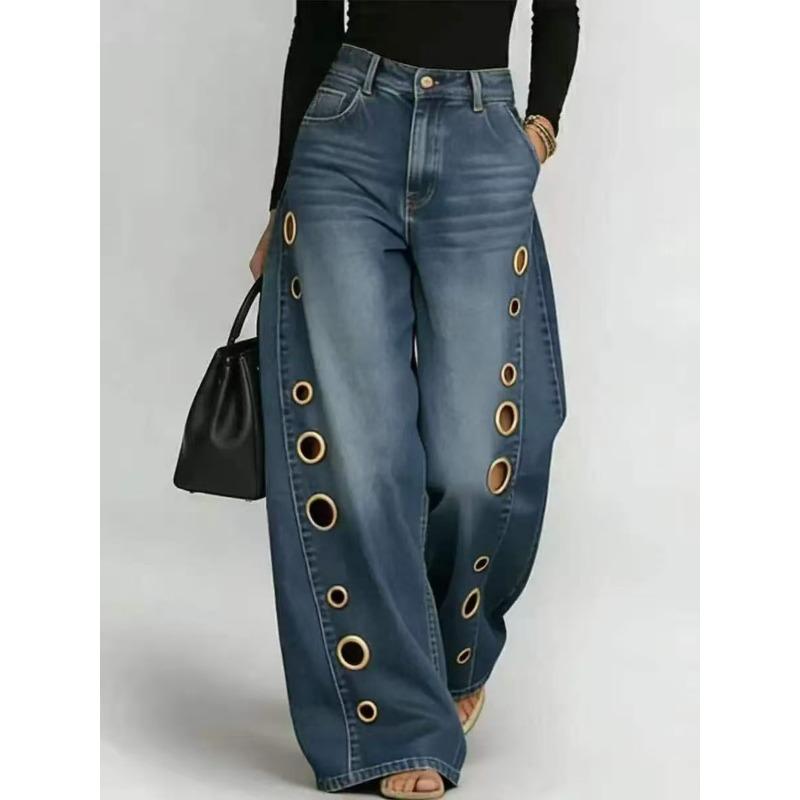 TK Metal Round Hole Casual Loose High Waist Wide Leg Jeans Women's Washed Cat Beard Ground White Jeans