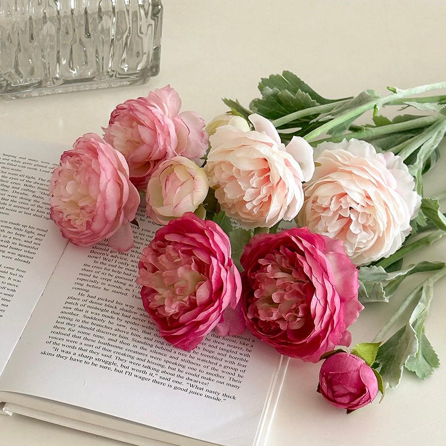 Composizione Floreale Artificiale di Peonie e Ranuncoli Floccati per Arredamento Casa