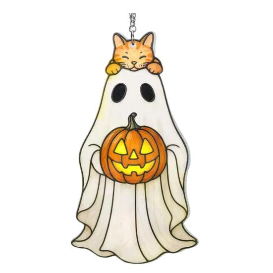 Cute Ghost Sun Catcher Ornament with Lanyard Easy to Hang Stained Glass Suncatcher Gothic Window Hanging Decoration