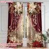 2pcs Elegant Christmas Print Curtains – Poinsettia & Gold Floral Design for Bedroom   Living Room   Kitchen & Office