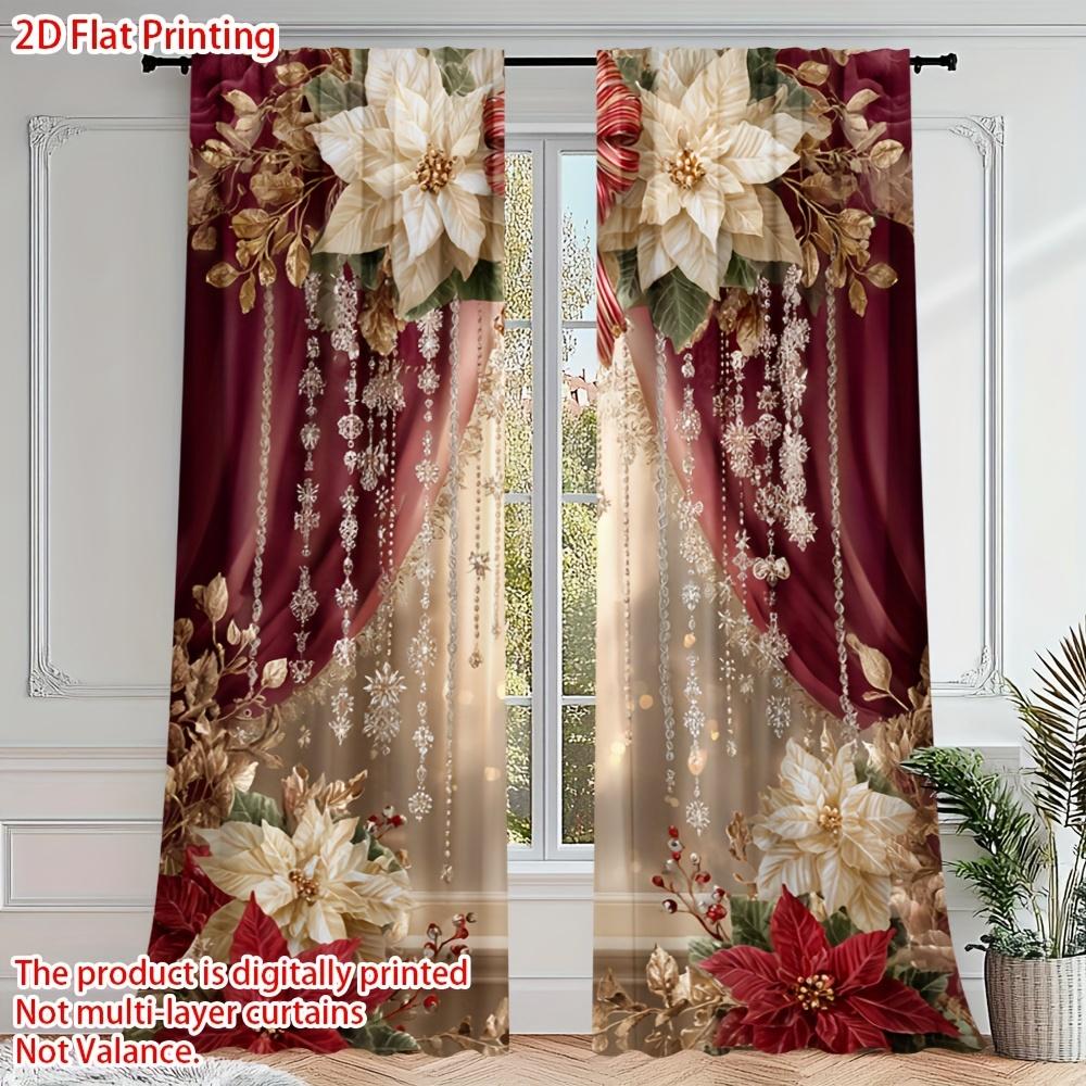 2pcs Elegant Christmas Print Curtains – Poinsettia & Gold Floral Design for Bedroom   Living Room   Kitchen & Office