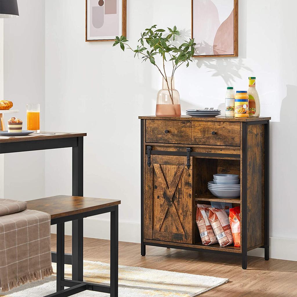 VASAGLE Armadio Contenitore, Credenza e Mobile TV, Mobile a Terra Autoportante con 1 Cassetto e Porta a Scomparsa Stile Rustico, Industriale, Marrone Rustico e Nero