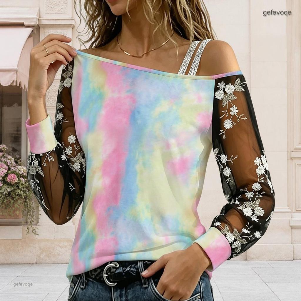 Plus Size Women Slanted Shoulder Long Sleeve Top Boho Abstract Floral Print Mesh Lace Splicing Blouse