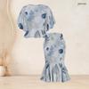 Women Plus Size Printed Round Neck Batwing Sleeve Ruffle Hem Top Fishtail Skirt Two Piece Set