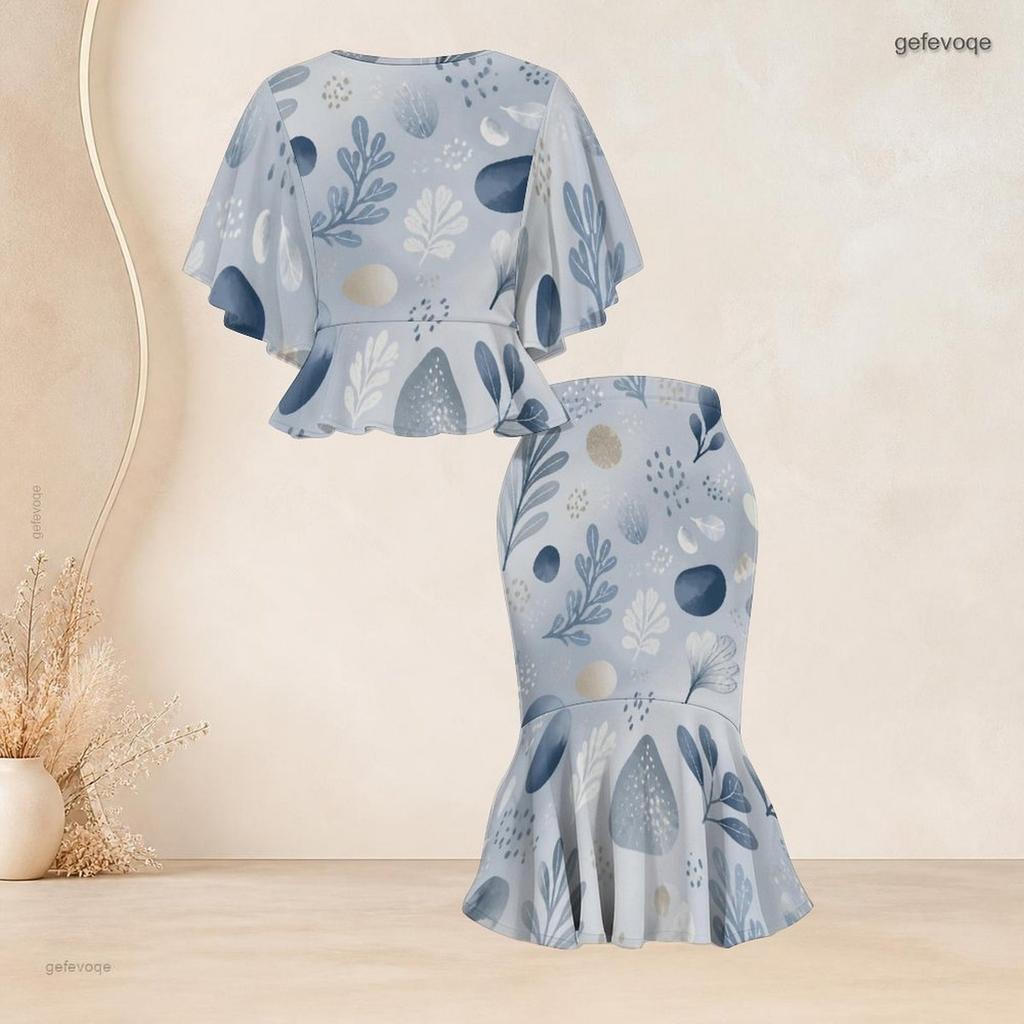 Women Plus Size Printed Round Neck Batwing Sleeve Ruffle Hem Top Fishtail Skirt Two Piece Set