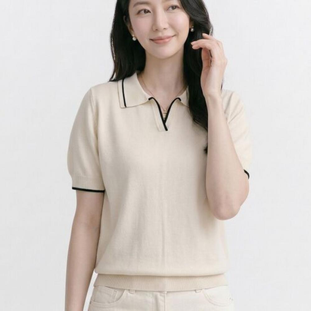 Navava Women Basic Line Color Collar ShorT Sleeve KniT T Nk3698