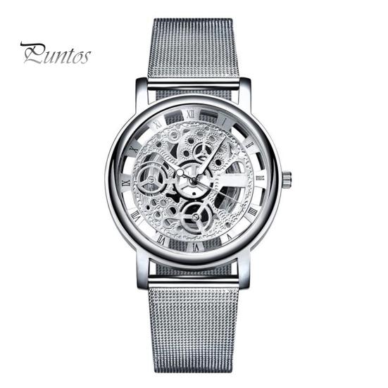 Skeleton Analog Men\'s Luxury Stainless Steel Mesh Band Quartz Wrist Watch Gift