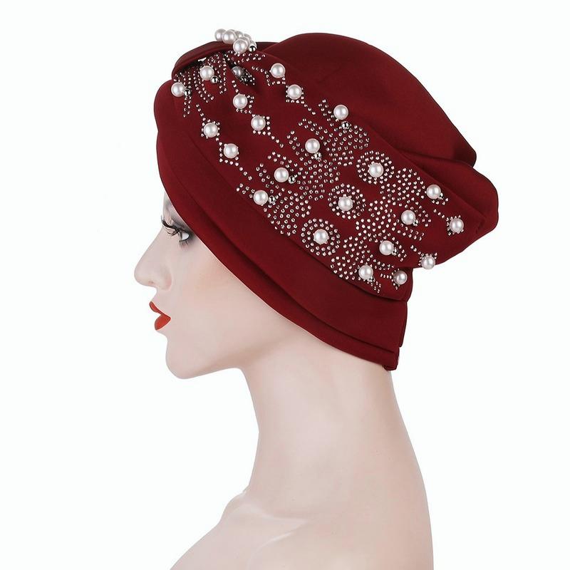 Women's Solid Color Hot Drilling Pearl Turban Hat Cap Head Hat Accessories