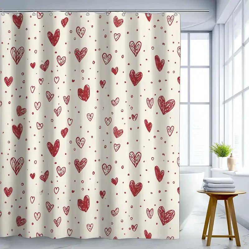 Rotes Herz Duschvorhang Cremefarbener Hintergrund Wasserdicht Schimmelresistent Badewannen-Einsatz Romantische Valentinstags-Dekoration Für Badezimmer Zuhause