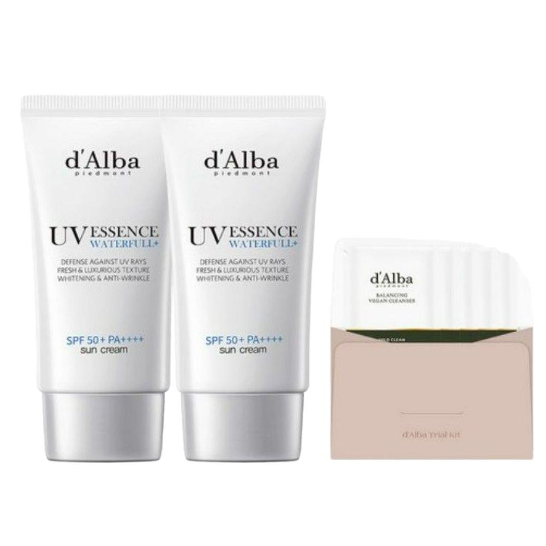 Dalba Waterful Essence Sunscreen SPF50+ PA++++ 50ml x 2 + Balancing Vegan Gel Cleanser 3ml x 5 Set Hydrating UV Protection