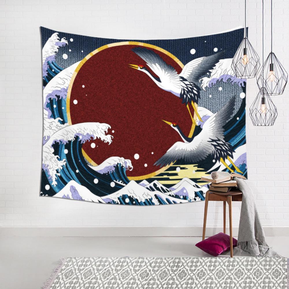 Japanese Ocean Wave Sunset Sun Tapestry Exotic Style Red Crowned Crane Background Bedroom Wall Cloth Room Decoration Painting Hanging Cloth