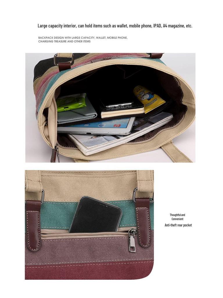 Retro Color Block Canvas Shoulder Bag – Large Capacity Women's Handbag