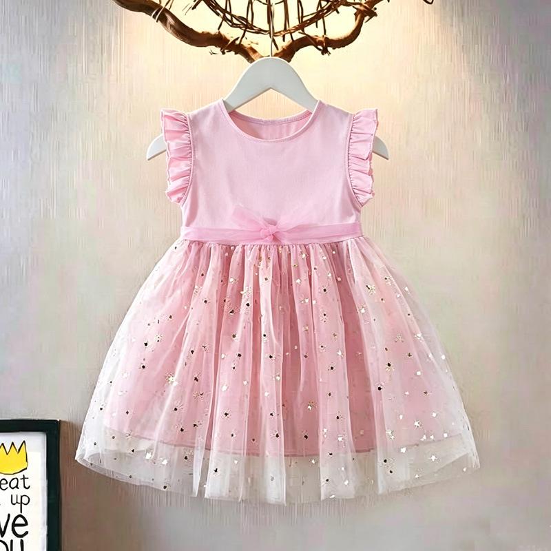 Girls' Elsa Princess Pink Star Mesh Dress - Short Sleeve Summer 2026 Edition
